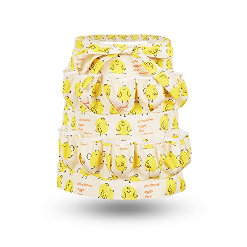 Egg Apron for Kid and Adult, Deep Pockets with Elastic Closure | Long Ties to Wrap Around and Tie In Front, Yellow Chick Printed, Egg Collect Gather Hold Apron - color: Yellow for Adult