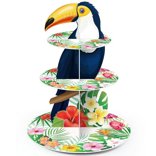 3 Tier Hawaiian Party Decor Bird Toucan Cupcake Stand Tropical Birds Cupcake Tower Luau Aloha Themed Cake Holder for Summer Luau Hawaiian Beach Pool Rainforest Birthday Party Decor Supplies - style: Hawaiian