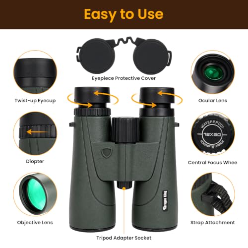 BIBIRE 12x50 Binoculars for Adults, HD Roof Prism Compact Binoculars Large Eyepiece Waterproof Binocular for Cruise Bird Watching Hunting
