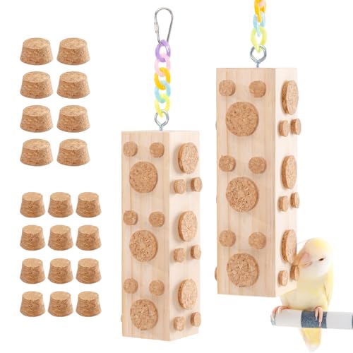 2 Pcs Wooden Bird Chew Toys - 7.9 Inch Hanging Parrot Toys, with 92 Detachable Corks, Relieve Boredom & Anxiety, Foraging Toys, for Parakeet, Cockatiel, Conure, Budgie, Lovebird - style: Bird Toys