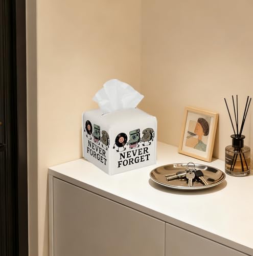 Retro Nostalgic Tissue Box Cover, 5.2-Inch Square PU Leather Holder with Cartoon Record/Camera Pattern & “Never Forget” for Living Room/Bathroom, Gift for Retro Style Lovers & Housewarming - color: White Decoration Theme-07