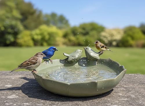 Large Ceramic Bird Bath Bowl Only, 10" Shallow Ground Bird Bath, Handmade Ceramic Birdbath Bowl for Outdoors, Wildlife Water Bowl for Outside, Garden, Tabletop, Balcony and Lawn - size: Shallow 9.8x3
