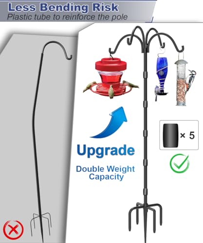 Upgrade 4-Hook Shepherds Hooks for Outdoor with Plastic Tube, 92" Heavy Duty Bird Feeder Pole with 5 Prongs Base, Adjustable Garden Hook for Solar Light, Hanging Plant, Wedding Decor, 1 Pack