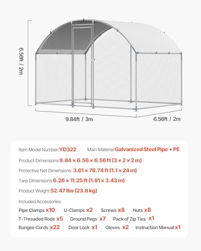 VEVOR Large Metal Chicken Coop with Run, 9.8 x 6.5 x 6.5ft Walkin Chicken Coop for Yard with Waterproof Cover, Dome Roof Large Poultry Cage for Hen House, Duck Coop and Rabbit Run - size: 118.1"L x 78.7"W x 78.7"H