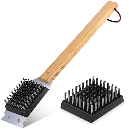 SIMPLETASTE Grill Brush and Scraper for BBQ | Durable & Effective, Replaceable Stainless Steel Head, Wooden Handle Wire Grill Brush, Outdoor Barbecue Accessory