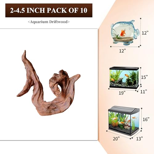 Natural Small Driftwood for Aquarium Decor Fish Tank Decor Reptile Decor | Assorted Driftwood Branch, Natural Driftwood for Aquascaping and Reptile Decor - size: Mopani Driftwood 2 to 4.5 Inch (Pack of 10)