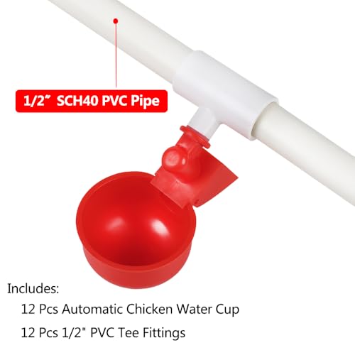 12 Pack Chicken Waterer Cups with Tee, Automatic Chicken Water Feeder Chicken Water Bowls Poultry Water Feeder Kit for Chicks, Duck, Goose, Turkey and Bunny（12 Tees + 12 Cups）