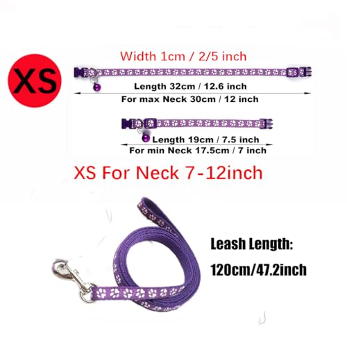 Puppy Dog Collar Leash Set,Cat Kitten Collars with Bell, Red XXS,XS | Paw Print Reflective Dog Collar Leash Set with Bell, Basic Nylon Boy Girls Pet Collar Adjustable For XXS XS S Tiny Puppies - color: red