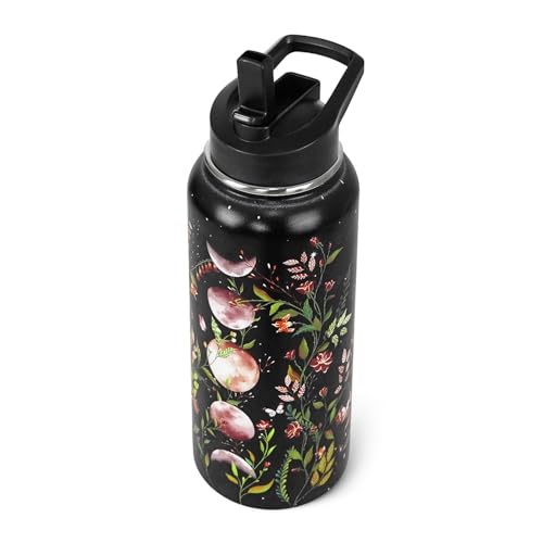 Goth Water Bottle with Straws Insulated Bottle Halloween Gothic Flower Moon Travel Thermal Double Walled Vacuum Cup Leak Proof Stainless Steel Tumbler Witchy Decor Gifts-32 oz - color: Champagne gold black