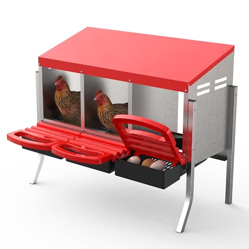 GarveeLife Chicken Nesting Box 3 Hole, Galvanized Steel Nest with Roll Away Egg Collection & Swing Perch, Easy-Clean Laying Box for Hens, Heavy Duty Design for Chicken Coop - color: Red, size: 3 holes with legs