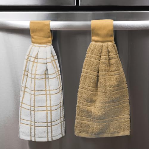 Ritz Premium 100% Cotton Solid and Multi Check Kitchen Tie Towel Absorbent, Super Soft, and Fast Drying Hang Towel, Set of Three, Straw - color: Straw, size: Solid & Multi Check - 3 Piece