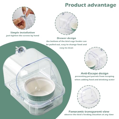 Bird Cage Feeder with Ceramic Bowl,2 in 1 No Mess Bird Feeder and Transparent Parakeet Bathtub with Bottom Drawer Hanging Tube Shower Box for Birds Budgies Parakeet Small Parrot Cockatiels - color: 【Transparent】