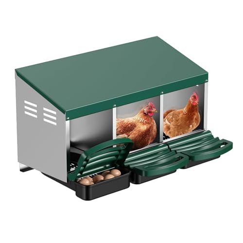 Aivituvin Chicken Nesting Box, 3 Compartments Chicken Egg Laying Box, Metal Nesting Boxes with Swing Perch for Chickens, Roll Away Egg Collection for Chicken Coop (Green) - color: Green