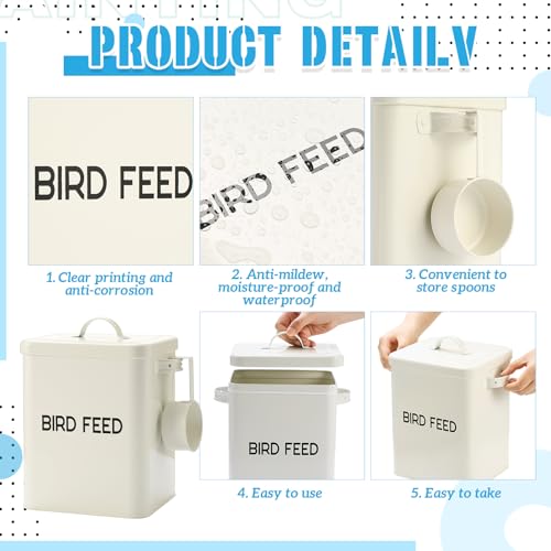 Reallnaive 2 Pcs Metal Bird Seed Container with Scoop,White | Bird Feed Storage Container with Fitted Lid, Farmhouse Style Ideal Gift for Birds and Pet Owners
