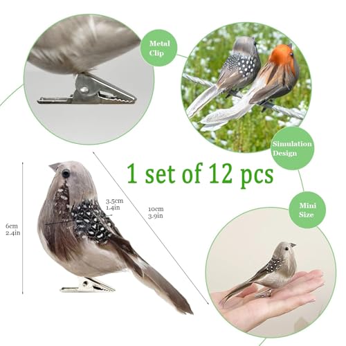 12pcs Artificial Birds Clip on Birds Christmas Tree Decoration Artificial Sparrow Realistic Birds Fake Faux Feather Foam Birds for Yard Patio Wreath Designs Garden Decor
