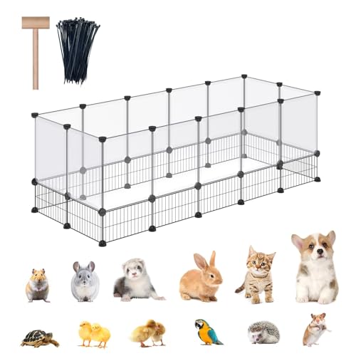 DINMO 28 Panels Bunny Playpen, Iron Net Bottom, 61.4" L x 25.4" W x 22.3" H | For Small Animals: Kittens, Guinea Pigs, Hamsters, Ferrets, Hedgehogs, Chicks & Ducklings, DIY, Expandable Portable Enclosure - style: Plastic+Metal-28 panels-L