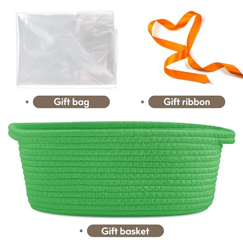 Pro Goleem Small Woven Basket with Gift Bags and Ribbons Durable Baskets for Gifts Empty Small Rope Basket for Storage 12"X 8" X 5" Baby Toy Basket with Handles, Grass Green - color: grass green