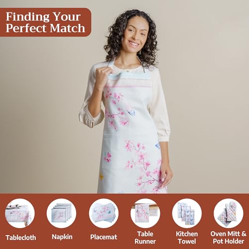 Maison d' Hermine Aprons for women with Pocket 100% Cotton (27.50"x31.50") | Adjustable Neck Strap & long ties Apron Men Chef Wedding Cooking Gardening Server Maid - color: 053 - Blossoms in Spring