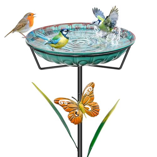 Metal Bird Bath for Outside, 35In Freestanding Birdbath with 5-Pronged Sturdy Base, Removable Easy Clean Birdfeeder Bowl with Butterfly & Leaf for Outdoors Garden Patio Yard Lawn Decor(Blue)