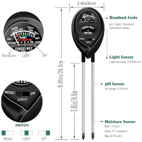 3-in-1 Soil Moisture Meter, Test Soil Moisture, Upgraded Stainless Steel Probe Soil pH/Light/Moisture Meter for Plants, Soil Test kit, Soil Tester for Garden, Farm, Lawn, Indoor & Outdoor - color: BLACK