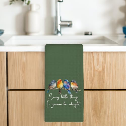 Every Little Thing is Gonna Be Alright Kitchen Towels 16x24 Inch, Sparrow Bird Gifts for Bird Lovers Women, Inspirational Quotes Tea Hand Towels(Green) - color: Green