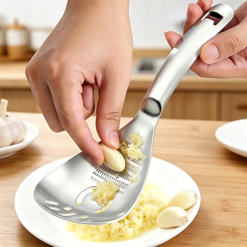Multifunctional 5-in-1 Cooking Spoon with Cleaning Brush, 18/8 304 Stainless Steel Slotted Spoon, Kitchen Utensil for Potato Masher, Egg Separator, Bottle Opener, Mixing Stirrer