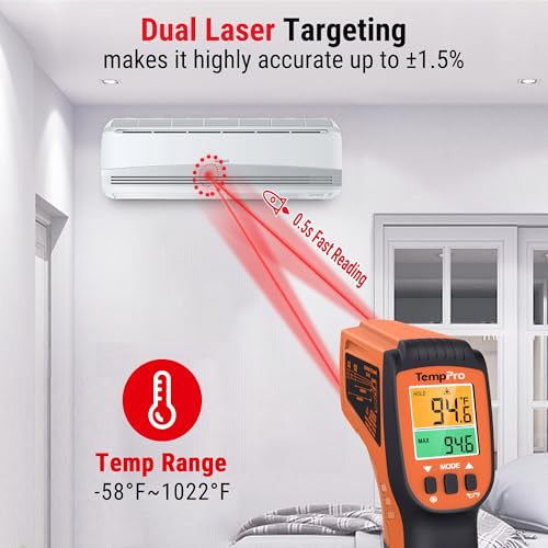TempPro TempScan Infrared Thermometer Gun with 2 Laser for Pizza Oven Grill | 16:1 D:S Ratio Temperature Gun for Cooking HVAC Engine, Laser Thermometer Gun with Adjustable Emissivity Temp Gun -58℉-1022℉ - style: 2-Laser & D:S 16:1