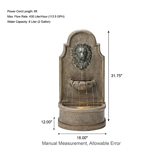 Glitzhome 3-Tier Outdoor Water Fountain with LED Light, Oversized Vintage European Style Lion Head Waterfall Fountains, Rustic Faux Granite Fountain for Garden Patio Deck Porch, 31.75”H - color: Lion Head