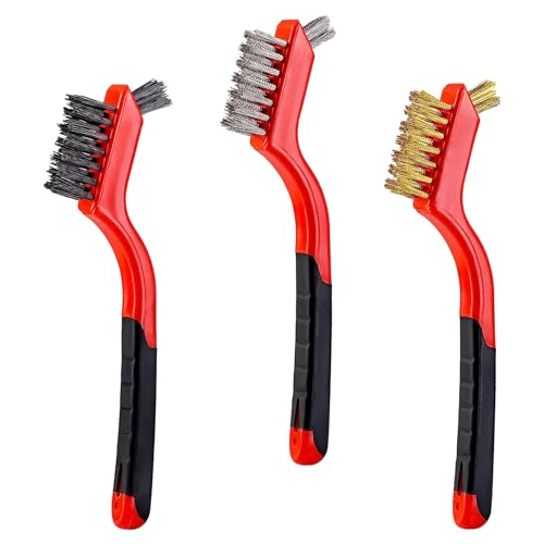 YiwerDer 3Pcs Mini Wire Brush Set, Stainless Steel/Brass/Nylon Bristles Wire Brushes, Curved Handle Soft Grip for Rust, Dirt & Paint Scrubbing with Deep Cleaning – 7 Inches (Red) - style: 3Pcs Red Mixed Brushed
