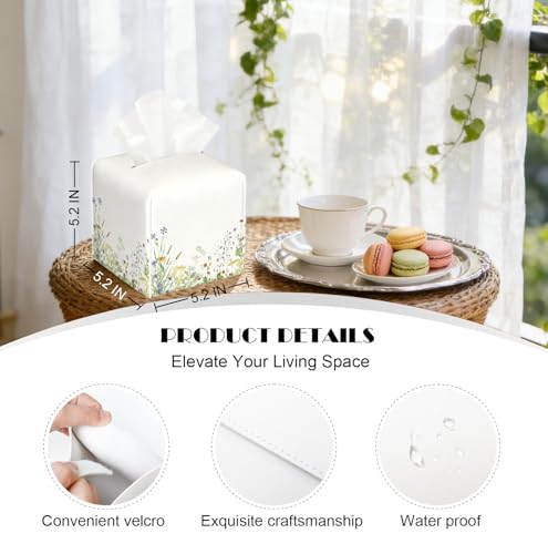 Watercolor Wildflower Tissue Box Cover, PU Leather Holder with Floral & Butterfly Design for Living Room/Bathroom, Gift for Housewarming & Nature-Loving Homeowners - color: White Decoration Theme-05