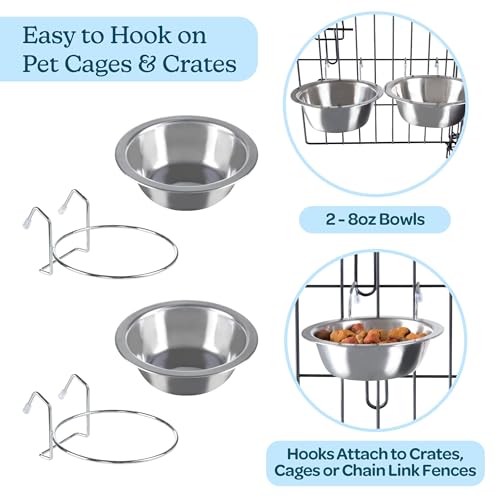 Set of 2 Stainless-Steel Dog Bowls - Cage, Kennel, and Crate Hanging Pet Bowls for Food and Water - 8oz Each and Dishwasher Safe by PETMAKER, Silver | Cage, Kennel, and Crate Hanging Pet Bowls for Food and Water, Dishwasher Safe Food and Water Pet Dishes