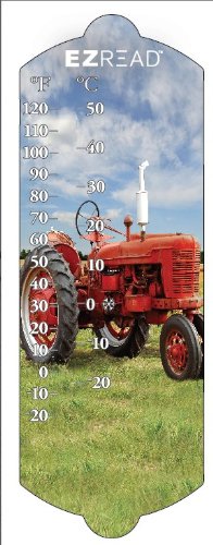 Headwind 10" Red Tractor Decorative Wall Thermometer for Window, Patio, Home & Garden – Temperature‑Only Analog Weather Gauge with Fahrenheit/Celsius Scale for Indoor & Outdoor Use by EZREAD - color: Red Tractor