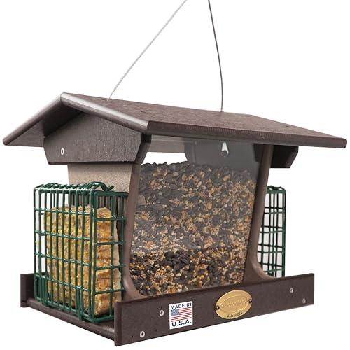 DutchCrafters Poly Hopper Bird Feeder with Suet Holder, Large Bird Feeder for Outdoors Hanging - Amish American Made (Milwaukee Brown & Weatherwood) - color: Milwaukee Brown & Weatherwood