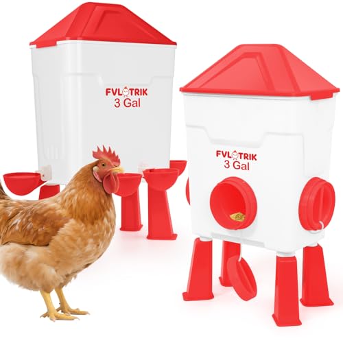 3 Gallon Chicken Waterer and Feeder Set, No Waste Poultry Feeding | 2.75' Automatic Cups & 3.5" Feed Ports for Large Beaks, Anti-Roost Cone, Standing/Hanging Use, Easy No-Tools Assembly