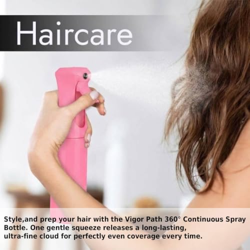 VIGOR PATH Continuous Mist Pink Spray Bottle 300ml Fine Mist for Hair | Ultra Fine Atomizer Leak Proof Ergonomic Construction 360 Refillable - color: Pink - 10oz