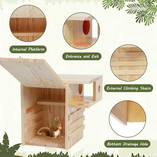 Extra Large Squirrel House for Outside, Squirrel Box with Predator Guard | Pine Wood Squirrel Nesting Box Outdoor, with Exterior Porch, Suitable for Squirrel Families and Chipmunks, Easy to Assemble - size: Extra Large: 11"wide