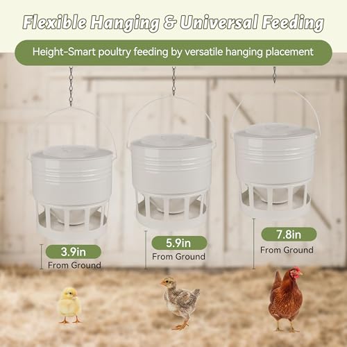 KOL Hanging Chicken Feeder – 20lbs Metal Chicken Feeder No Waste, Adjustable Poultry Feeder with 12 Ports, No Installation & Universal Height Design (Jade White) - color: Jade White