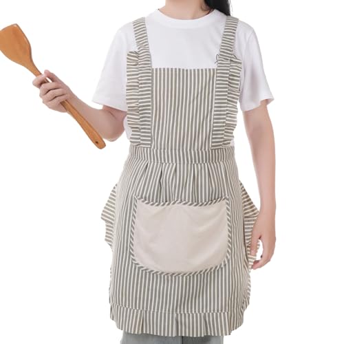 Cute Cotton Apron for Women, Adjustable Bib Cooking Kitchen Aprons with Pockets for BBQ Drawing Baking - color: Grey