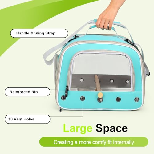 Bird Travel Carrier Cage for Medium Parrot, Portable Bag with Metal Tray to Carry and Transport Medium and Large Birds Like African Grey, Long Tail Cockatiel (Green, Large Carrier) - color: Green