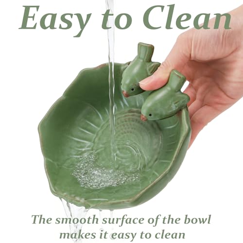 2 Pack Ceramic Bird Bath for Outdoors, 5.5" Ground Birds Bath Bowl for Outside, Heavy Duty Wild Bird Feeders, Feeding Tray Food Holder for Balcony Garden Lawn Patio Decor Tabletop, Green