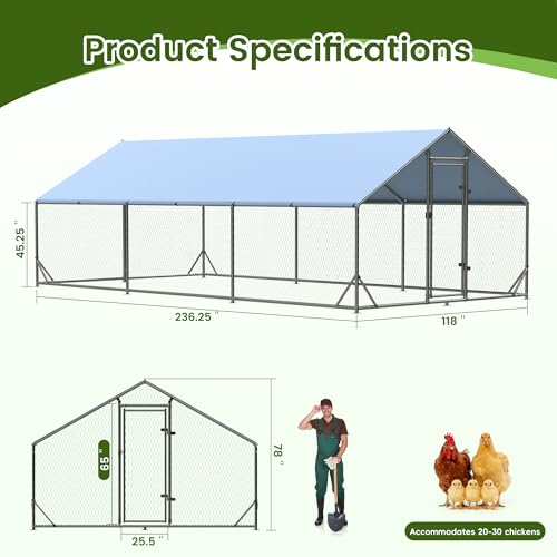 Outdoor Metal Chicken Coop, Metal Chicken Coop with Run,Walk-in Poultry Cage Spire-Shaped Chicken Run Small Animal Pens with Waterproof and Anti-UV Cover for Outside,Backyard and Farm,19.6'x9.8'x6.4' - size: 235.0"L x 118.0"W x 76.8"H