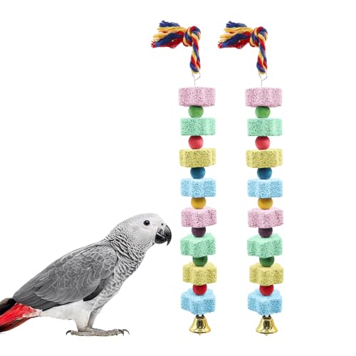 2 Pack Bird Chewing Toy, Colorful Parrot Beak Grinding Calcium Stone with Bells, Cage Accessories for Cockatiels Parakeets Parrots Budgies Lovebirds Rat Hamster Chinchilla Rabbit Bunny African Grey - color: Multi-colored, size: 13.77 inch Long