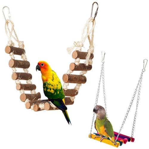 PINVNBY Bird Parakeet Toys, Bird Rope Ladder Swing Hammock Toys, Made of Natural Wood and Rope, Parakeet Cage Accessories for Parrot Budgie Conure Cockatiel (2 PCS) - color: Brown