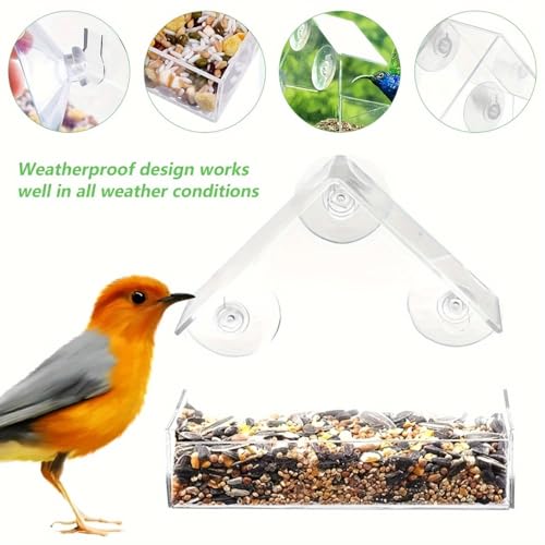 Clear Window Bird Feeders with Strong Suction Cups and Drain Holes Sturdy and Durable 360° View Acrylic Birdfeeders for Viewing Wild Birds Outside, Outdoor Small Bird House, Garden Decor