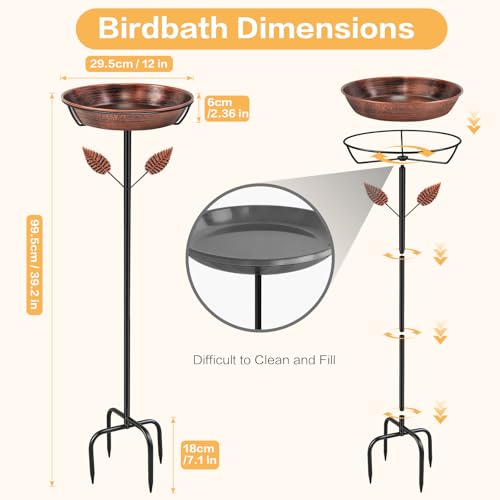 Metal Bird Bath for Outside Outdoors, 39in,Removable Bowl,Vintage Brown | Freestanding, Birdbath & Bird Feeder, Upgraded Stable Stake, For Garden Patio Yard Lawn - color: Vintage Brown, Leaf
