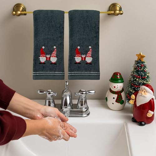 Christmas Gnomes Towel Set: Grey Hand Towels with Red White Embroidery Jolly Nordic Gnome - color: Gnome Friends