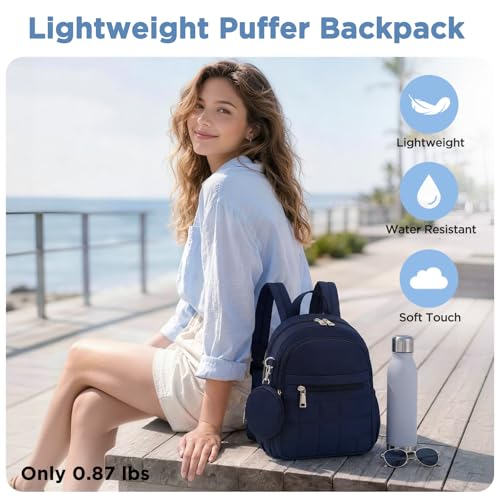 Mini Backpack for Women, Anti Theft RFID Small Travel Backpack | Compact Backpack with Built-in RFID Wallet(5 Slots) & Coin Purse, 10-Pocket Fits 11" Tablet, Puffer Nylon, Daily & Work - color: Navy Blue