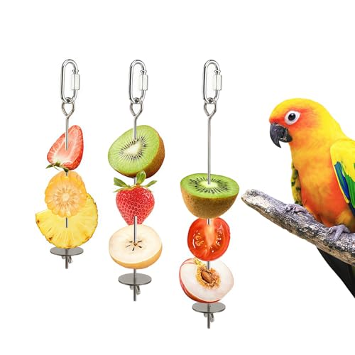 3 Pcs Bird Cage Food Holder Stainless Steel Parrot Fruit & Vegetable Skewer Hanging Foraging Toy for Parakeets, Budgies, Macaws - size: 3 Pcs