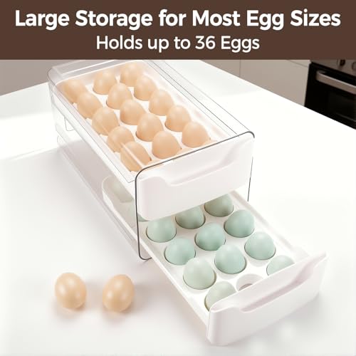 Egg-Holder for Fridge, Fits Small to Large Eggs, White | 36 Egg-Storage for Refrigerator Countertop, 2 Tier Dispenser with Drawer, Stackable Clear Egg Tray Container - size: 2 Tier-White