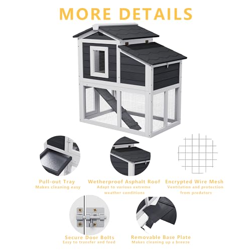 Small Chicken Coop for 2 Chickens, Wooden Chicken Coops with Nesting Boxes Indoor Outdoor, Predator-Proof Bunny House Rabbit Hutch Poultry Pet Tractor Cage with Waterproof Roof, Stairs&Removable Tray - color: Grey